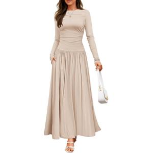 imageZESICA Womens Long Sleeve Spring Maxi Dress 2025 Crewneck Knit Casual Slim Swing Pleated Dresses with PocketsSand