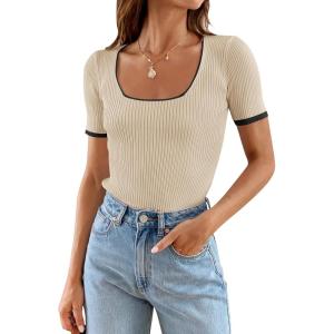 imageZESICA Womens Short Sleeve Square Neck Color Block T Shirt 2025 Summer Slim Fit Ribbed Knit Basic Tee TopsApricot