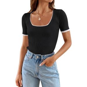 imageZESICA Womens Short Sleeve Square Neck Color Block T Shirt 2025 Summer Slim Fit Ribbed Knit Basic Tee TopsBlack