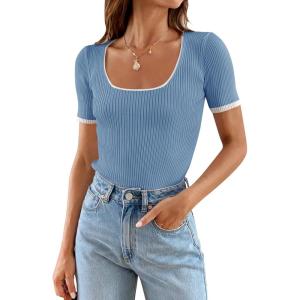 imageZESICA Womens Short Sleeve Square Neck Color Block T Shirt 2025 Summer Slim Fit Ribbed Knit Basic Tee TopsBlue