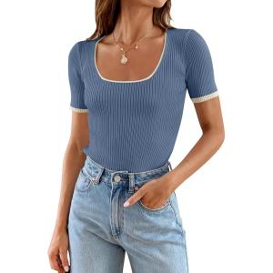 imageZESICA Womens Short Sleeve Square Neck Color Block T Shirt 2025 Summer Slim Fit Ribbed Knit Basic Tee TopsDustyblue