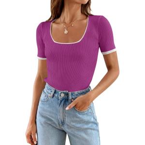 imageZESICA Womens Short Sleeve Square Neck Color Block T Shirt 2025 Summer Slim Fit Ribbed Knit Basic Tee TopsEggplant