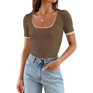 imageZESICA Womens Short Sleeve Square Neck Color Block T Shirt 2025 Summer Slim Fit Ribbed Knit Basic Tee TopsMocha