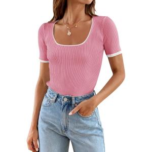 imageZESICA Womens Short Sleeve Square Neck Color Block T Shirt 2025 Summer Slim Fit Ribbed Knit Basic Tee TopsPink