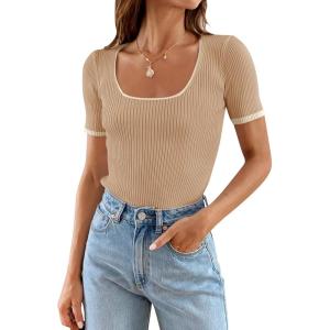 imageZESICA Womens Short Sleeve Square Neck Color Block T Shirt 2025 Summer Slim Fit Ribbed Knit Basic Tee TopsToffee