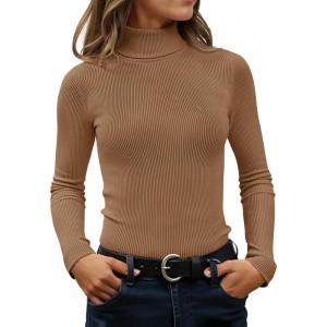 imageZESICA Womens Turtleneck Long Sleeve Shirts Spring Basic Tops Slim Fitted Ribbed Knit SweaterBrown