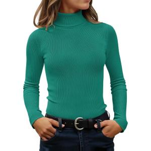 imageZESICA Womens Turtleneck Long Sleeve Shirts Spring Basic Tops Slim Fitted Ribbed Knit SweaterGreen
