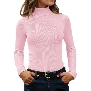 imageZESICA Womens Turtleneck Long Sleeve Shirts Spring Basic Tops Slim Fitted Ribbed Knit SweaterPink