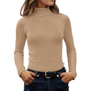 imageZESICA Womens Turtleneck Long Sleeve Shirts Spring Basic Tops Slim Fitted Ribbed Knit SweaterToffee