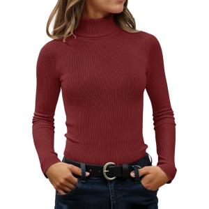 imageZESICA Womens Turtleneck Long Sleeve Shirts Spring Basic Tops Slim Fitted Ribbed Knit SweaterWine