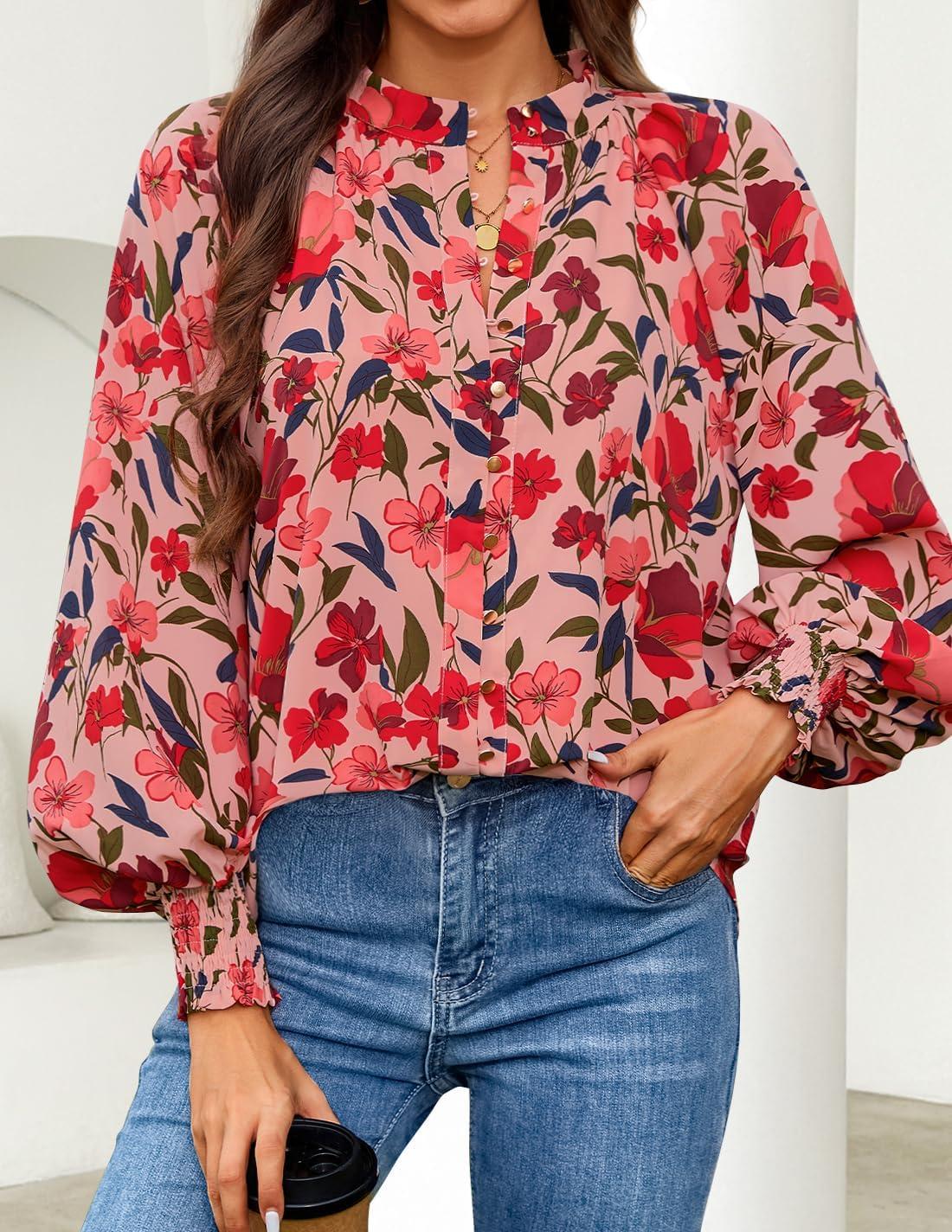 imageZESICA Womens Floral Print Blouse 2025 Long Sleeve Button Down Casual Fall Boho Oversized Tops ShirtsVintage Pink