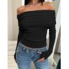 imageZESICA Long Sleeve Shirts for Women Off Shoulder Ribbed Knit Slim Fit Going Out Tops Outfits 2025 Trendy Fashion ClothesBlack