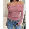 imageZESICA Long Sleeve Shirts for Women Off Shoulder Ribbed Knit Slim Fit Going Out Tops Outfits 2025 Trendy Fashion ClothesDarkpink