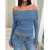 imageZESICA Long Sleeve Shirts for Women Off Shoulder Ribbed Knit Slim Fit Going Out Tops Outfits 2025 Trendy Fashion ClothesDustyblue