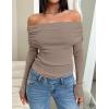 imageZESICA Long Sleeve Shirts for Women Off Shoulder Ribbed Knit Slim Fit Going Out Tops Outfits 2025 Trendy Fashion ClothesOatmeal