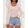 imageZESICA Womens Ruffle Long Sleeve Scoop Neck Shirt Striped Slim Fitted Casual Basic Tee Tops Trendy Spring ClothesPink