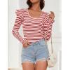 imageZESICA Womens Ruffle Long Sleeve Scoop Neck Shirt Striped Slim Fitted Casual Basic Tee Tops Trendy Spring ClothesRed