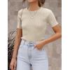 imageZESICA Womens Short Sleeve Sweater Tops 2025 Summer Crewneck T Shirt Ribbed Knit Slim Fit Basic Solid Color TeeAlmond