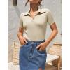 imageZESICA Womens Short Sleeve V Neck T Shirts 2025 Summer Ribbed Knit Slim Fitted Basic Solid Color Tee TopsAlmond