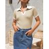 imageZESICA Womens Short Sleeve V Neck T Shirts 2025 Summer Ribbed Knit Slim Fitted Basic Solid Color Tee TopsApricot