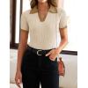 imageZESICA Womens Short Sleeve V Neck T Shirts 2025 Summer Ribbed Knit Slim Fitted Basic Solid Color Tee TopsBeige