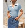 imageZESICA Womens Short Sleeve V Neck T Shirts 2025 Summer Ribbed Knit Slim Fitted Basic Solid Color Tee TopsBlue