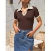 imageZESICA Womens Short Sleeve V Neck T Shirts 2025 Summer Ribbed Knit Slim Fitted Basic Solid Color Tee TopsCoffee