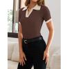 imageZESICA Womens Short Sleeve V Neck T Shirts 2025 Summer Ribbed Knit Slim Fitted Basic Solid Color Tee TopsCoffee