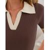 imageZESICA Womens Short Sleeve V Neck T Shirts 2025 Summer Ribbed Knit Slim Fitted Basic Solid Color Tee TopsCoffee