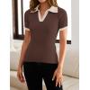 imageZESICA Womens Short Sleeve V Neck T Shirts 2025 Summer Ribbed Knit Slim Fitted Basic Solid Color Tee TopsCoffee