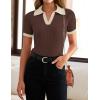 imageZESICA Womens Short Sleeve V Neck T Shirts 2025 Summer Ribbed Knit Slim Fitted Basic Solid Color Tee TopsCoffee
