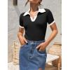 imageZESICA Womens Short Sleeve V Neck T Shirts 2025 Summer Ribbed Knit Slim Fitted Basic Solid Color Tee TopsDim
