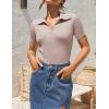 imageZESICA Womens Short Sleeve V Neck T Shirts 2025 Summer Ribbed Knit Slim Fitted Basic Solid Color Tee TopsDustypink