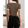imageZESICA Womens Short Sleeve V Neck T Shirts 2025 Summer Ribbed Knit Slim Fitted Basic Solid Color Tee TopsMocha