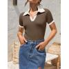 imageZESICA Womens Short Sleeve V Neck T Shirts 2025 Summer Ribbed Knit Slim Fitted Basic Solid Color Tee TopsMocha