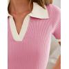 imageZESICA Womens Short Sleeve V Neck T Shirts 2025 Summer Ribbed Knit Slim Fitted Basic Solid Color Tee TopsPink