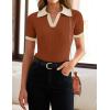 imageZESICA Womens Short Sleeve V Neck T Shirts 2025 Summer Ribbed Knit Slim Fitted Basic Solid Color Tee TopsRust
