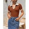 imageZESICA Womens Short Sleeve V Neck T Shirts 2025 Summer Ribbed Knit Slim Fitted Basic Solid Color Tee TopsRust