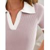 imageZESICA Womens Short Sleeve V Neck T Shirts 2025 Summer Ribbed Knit Slim Fitted Basic Solid Color Tee TopsTaro