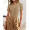 imageZESICA Womens Short Sleeve V Neck T Shirts 2025 Summer Ribbed Knit Slim Fitted Basic Solid Color Tee TopsToffee