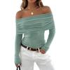 imageZESICA Long Sleeve Shirts for Women Off Shoulder Ribbed Knit Slim Fit Going Out Tops Outfits 2025 Trendy Fashion ClothesMint