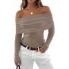 imageZESICA Long Sleeve Shirts for Women Off Shoulder Ribbed Knit Slim Fit Going Out Tops Outfits 2025 Trendy Fashion ClothesOatmeal