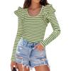 imageZESICA Womens Ruffle Long Sleeve Scoop Neck Shirt Striped Slim Fitted Casual Basic Tee Tops Trendy Spring ClothesGreen