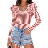 imageZESICA Womens Ruffle Long Sleeve Scoop Neck Shirt Striped Slim Fitted Casual Basic Tee Tops Trendy Spring ClothesRed