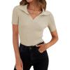 imageZESICA Womens Short Sleeve V Neck T Shirts 2025 Summer Ribbed Knit Slim Fitted Basic Solid Color Tee TopsAlmond