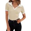 imageZESICA Womens Short Sleeve V Neck T Shirts 2025 Summer Ribbed Knit Slim Fitted Basic Solid Color Tee TopsApricot