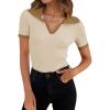 imageZESICA Womens Short Sleeve V Neck T Shirts 2025 Summer Ribbed Knit Slim Fitted Basic Solid Color Tee TopsBeige