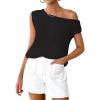 imageZESICA Womens Summer Off The Shoulder Knit Tops 2025 Casual Short Sleeve Oversized ShirtBlack
