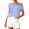 imageZESICA Womens Summer Off The Shoulder Knit Tops 2025 Casual Short Sleeve Oversized ShirtBlue