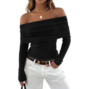 imageZESICA Long Sleeve Shirts for Women Off Shoulder Ribbed Knit Slim Fit Going Out Tops Outfits 2025 Trendy Fashion ClothesBlack